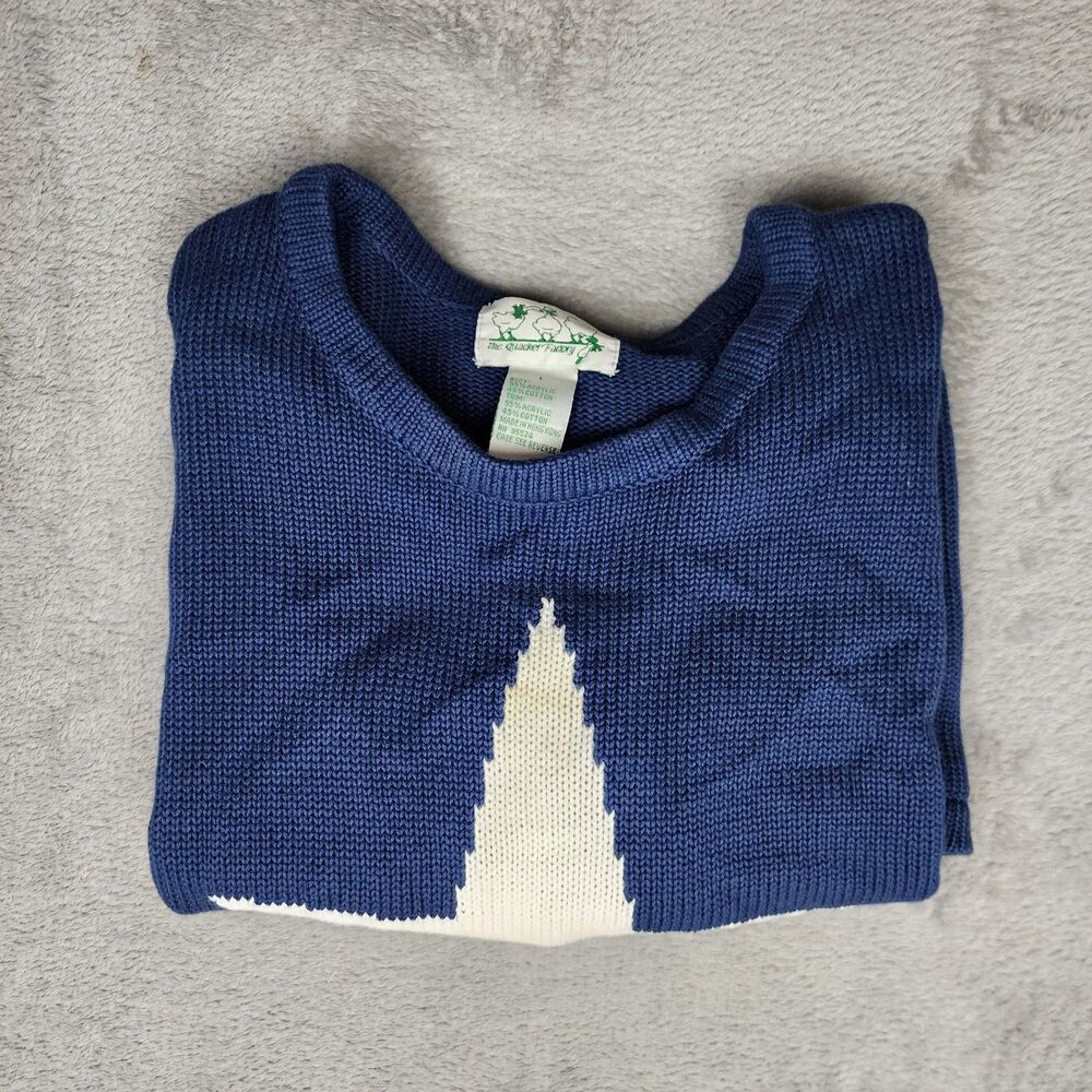The Quaker Factory Womens Sweater Size L Blue Knit White Star Patriotic Pullover